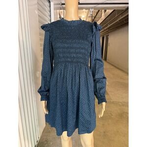 GAP Womens Blue Floral Smocked Ruffle Mock Neck Mini Dress Long Sleeve Pockets S